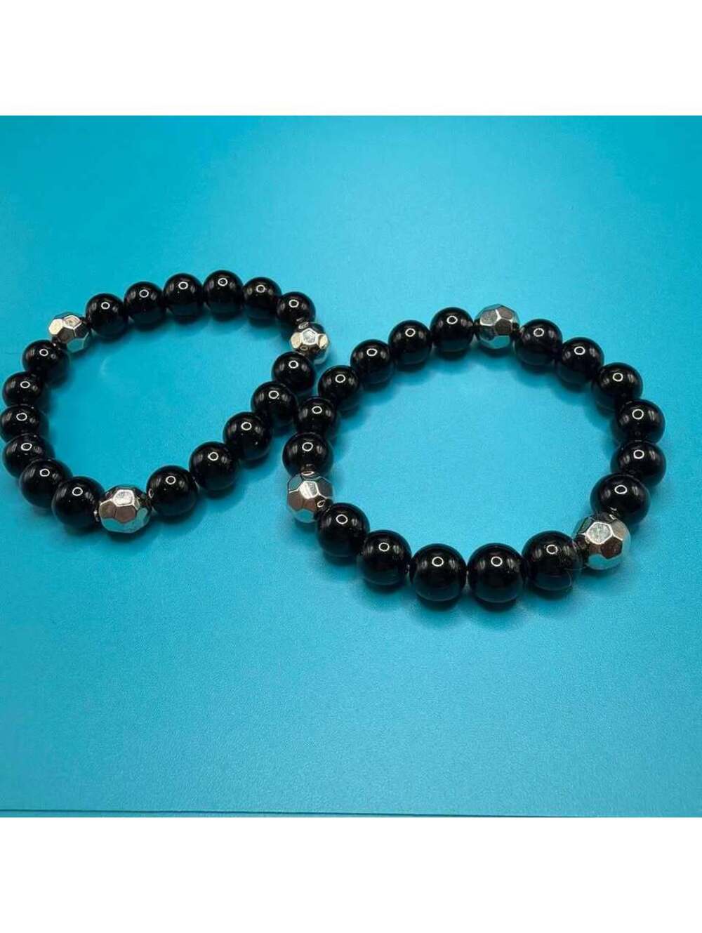Black Beaded Stretch Bracelets with Silver Accents - Set of 2